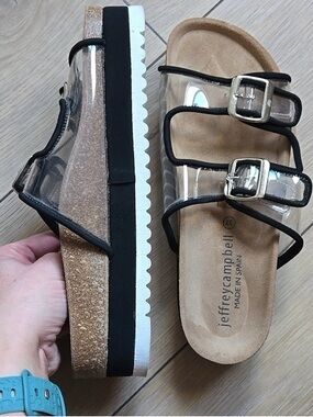 Jeffrey Campbell Clear PVC Cork Platform Sandals with Black Trim